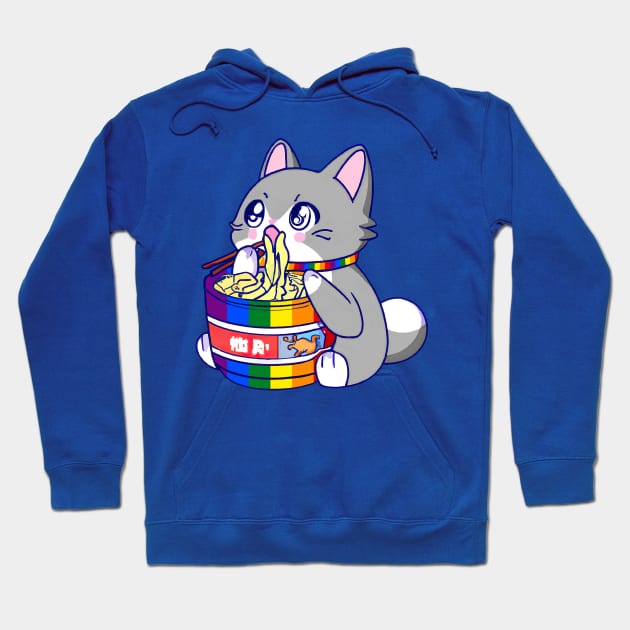 Gay Pride Flag Anime Kawaii Kitty Cat w/ Ramen Noodles LGBT Hoodie by GraviTeeGraphics